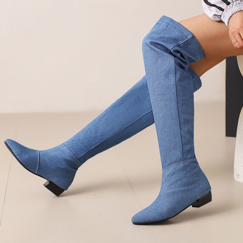 Women's pull on Thigh High Boots Casual Wide Calf Riding Boots Denim Shoes - Bild 14 von 25