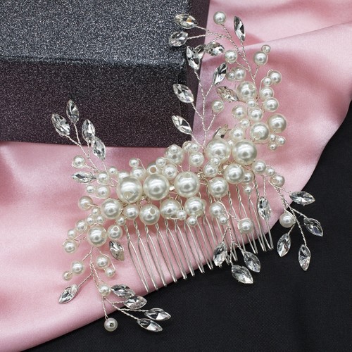 Simulated Pearl Wedding Comb, Bridesmaid or Prom, Rhpdium Plated - Picture 3 of 12