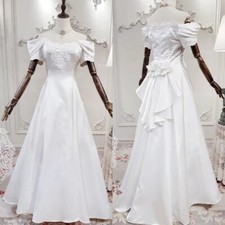 Victorian Wedding Dresses 1970s Short Sleeves Satin A Line Vintage Bridal Gowns