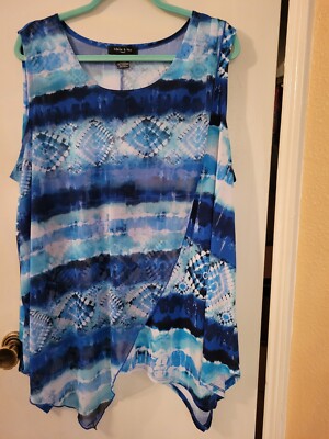 Adele & May Woman Blouse Top Size 3X/2X Plus Blue/White Tunic Sleeveless Stretch