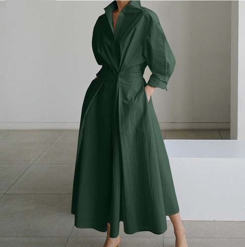 Womens Cotton Linen Loose Maxi Shirt Dress Ladies Long Sleeve Casual Swing Dress - Picture 6 of 8