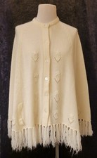 Cream Off White Fringed Button Up Poncho Cape English Village 100 Acrylic Vtg