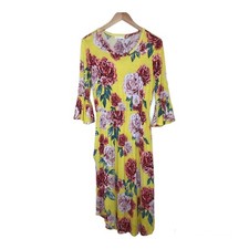 Reb & J 220 Womens Size M Pull On Dress Yellow Floral Asymmetrical Hem Bell Slvs
