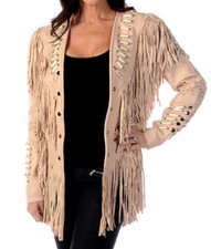 Women Cream Cowhide Antique Cowlady Jacket Fringes & Pearls Coat