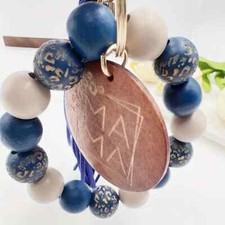 Mama Leopard Wooden Beaded Wristlet Keychain With Tassel - Dark Blue