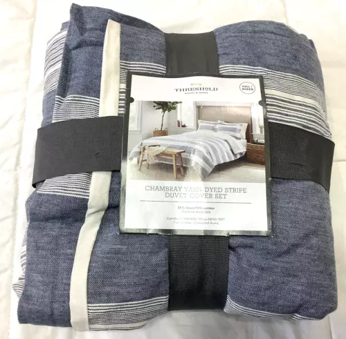 Threshold Chambray Yarn Dye Gray Stripe Linen Blend FULL/QUEEN Duvet&Sham Cover