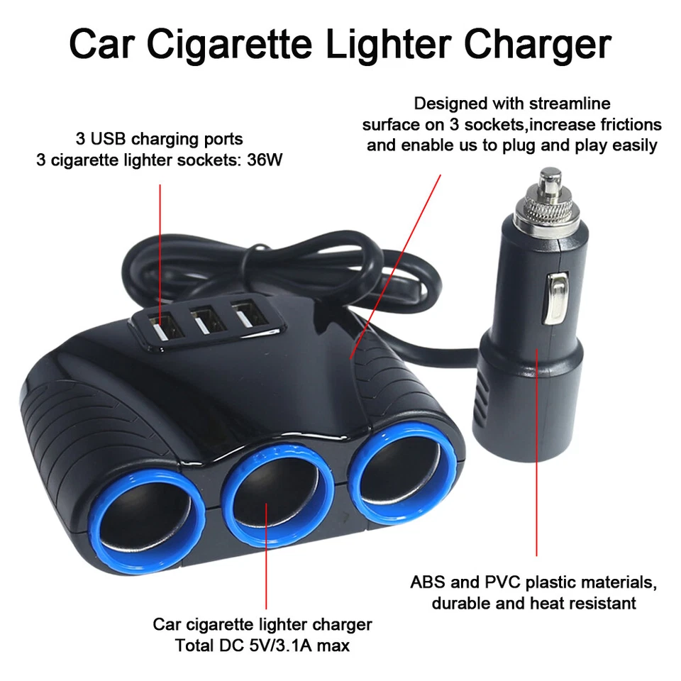 Car 12V Cigarette Lighter Socket Splitter 3.1A USB Charger Power Adapter Outlet - Image 2 of 4