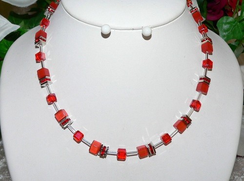 Juego de 3 joyas cadena pulsera pendiente cubo Cat Eye cristal rojo pedrería 507c - Imagen 4 de 9
