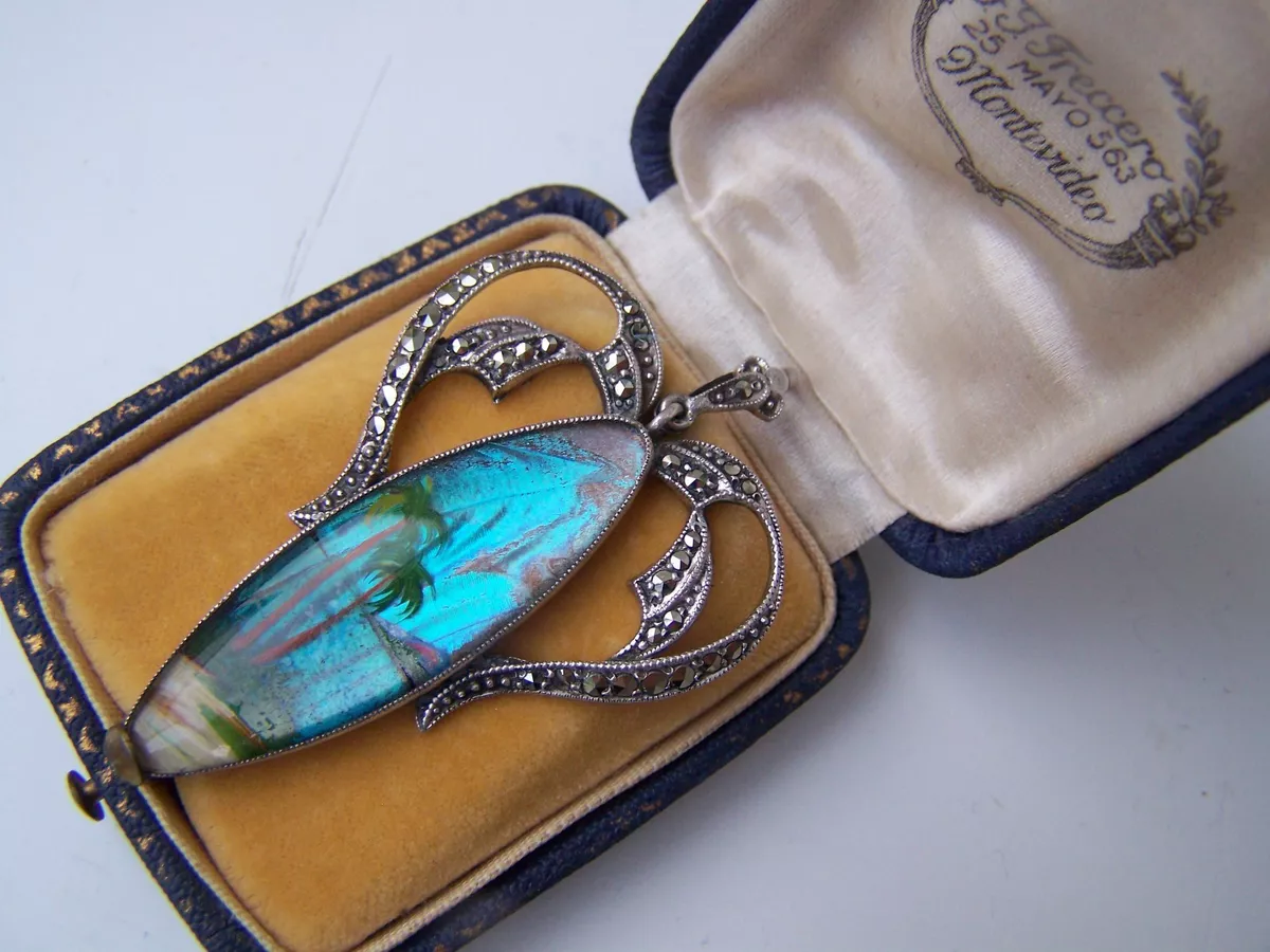 VINTAGE LARGE STERLING SILVER MARCASITE BUTTERFLY WING PENDANT TLM THOMAS MOTT