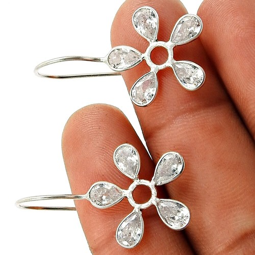 Gift For Her Natural Cubic Zirconia Dangle Vintage Earrings 925 Silver M41 - Picture 3 of 7