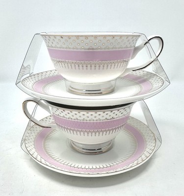 Grace Teaware Set of 2 Teacup & Saucer Set Large Pink, Gold & White New