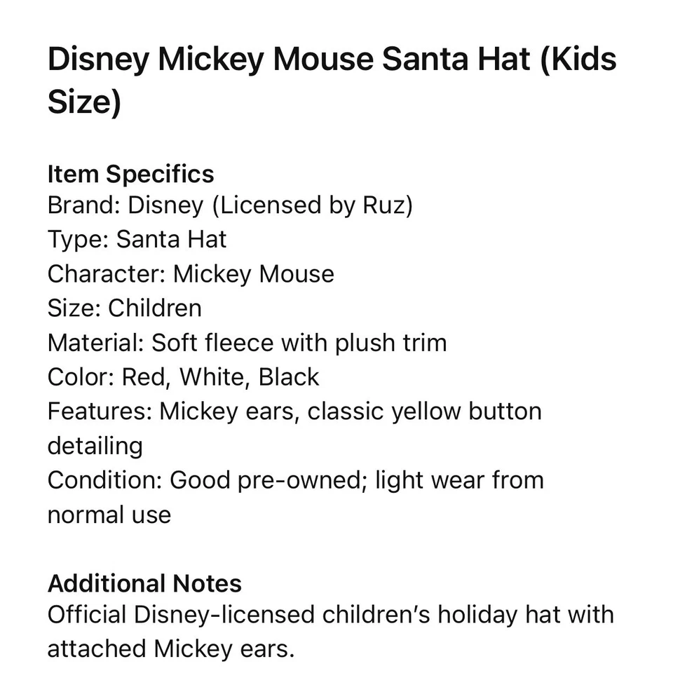 Disney Mickey Mouse Santa Sombrero Niños Vacaciones Navidad Vellón Felpa Orejas Foto 2 de 4
