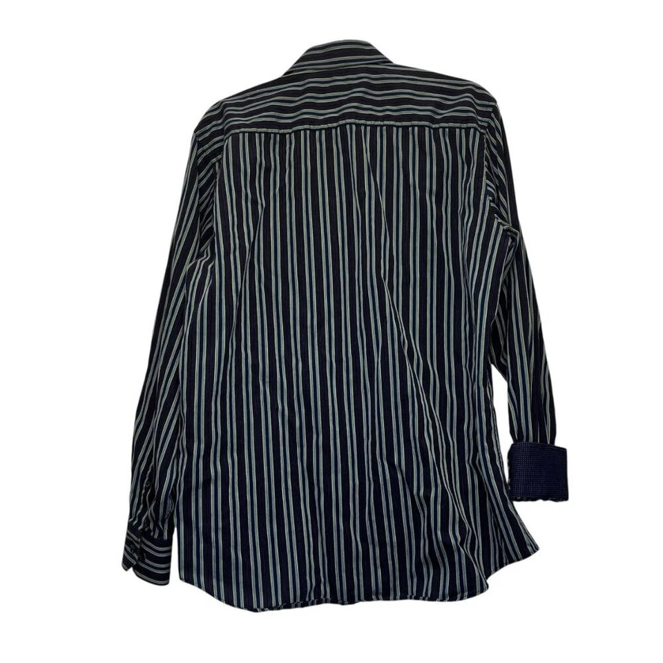 Bugatchi Uomo Men's Blue Striped Button Down Long Sleeve Shirt Large Flip Cuff - Image 3 of 4