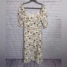 Audrey Parks Womens Midi Floral Linen Blend Dress Cream XL Cottagecore Milkmaid