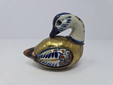 Vintage Tonala Mexico Pottery Duck Figurine Armored Brass Scales