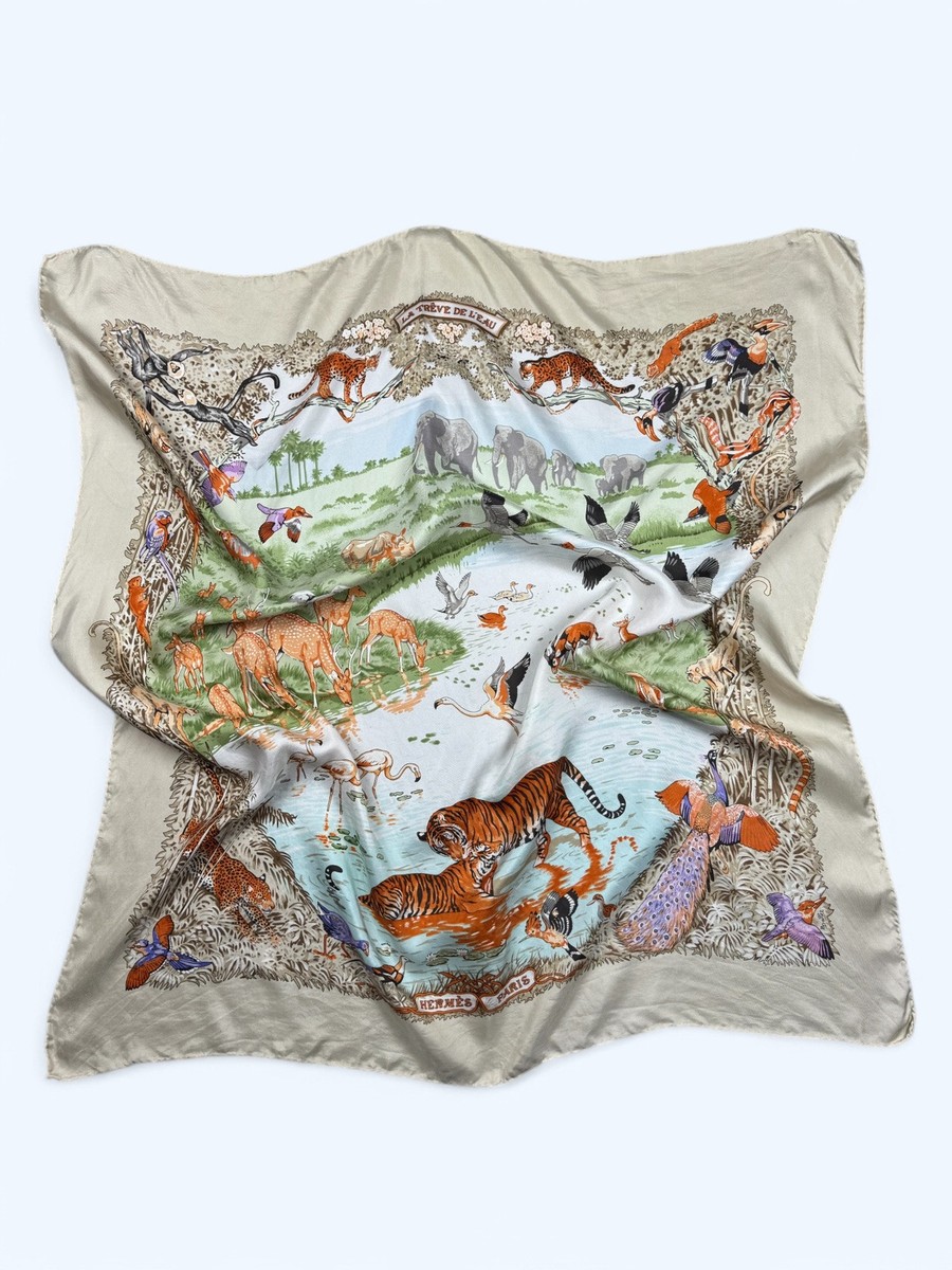 Hermes Vintage La Treve De L'eau Beige Silk Scarf 84X88 cm | eBay
