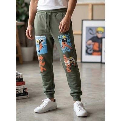 Naruto Shippuden Graphic Jogger Sweatpants Men's Small 28/30 Olive Green Anime