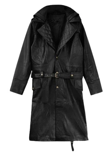 Mens Black Lambskin Leather Hooded Trench Coat Full Length Duster Overcoat Wears image 6