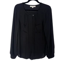 LOFT M Black Long Sleeve Keyhole Neck Blouse Top Chest Pocket Slightly Sheer