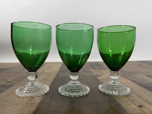 VTG 1950s Anchor Hocking Forest Green Bubble Foot Water Goblet Glasses 5” -Set 3