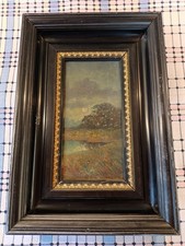 Quadro, paesaggio fluviale, dipinto ad olio, "Peulen" quadro firmato, antico, Winsor & Newton