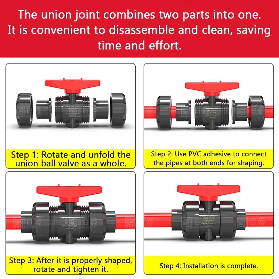 PVC Kugelhahn Muffe Klebe Fitting Pool Doppelanschluss Absperrhahn 20mm-110mm - Bild 4 von 4