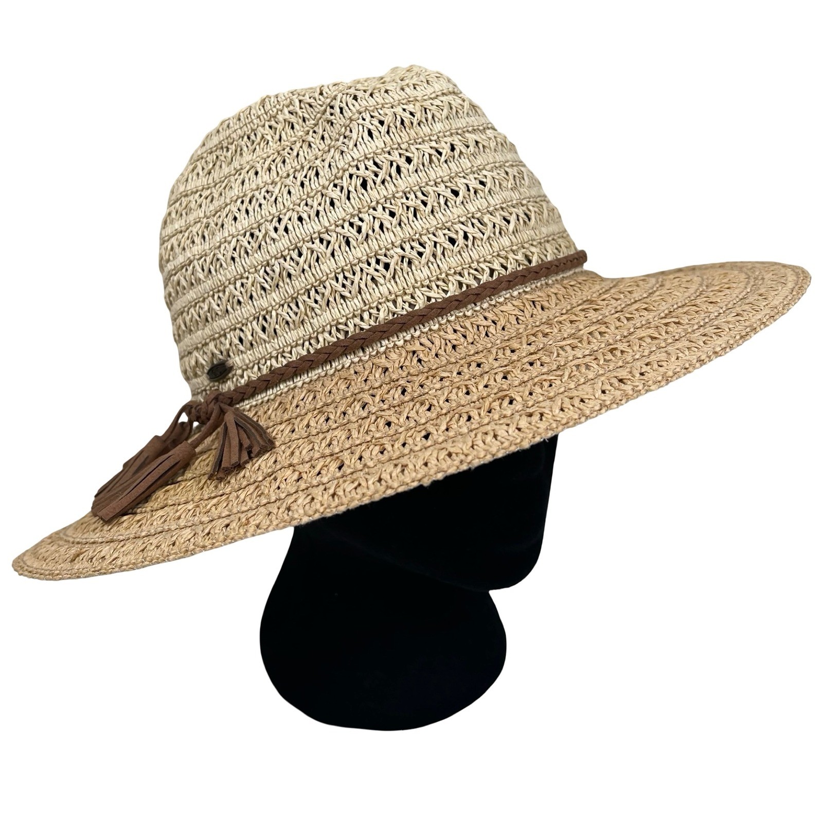 CC Exclusives Straw Panama Hat Wide Brim Woven Tassel Trim Beach Sun Boho