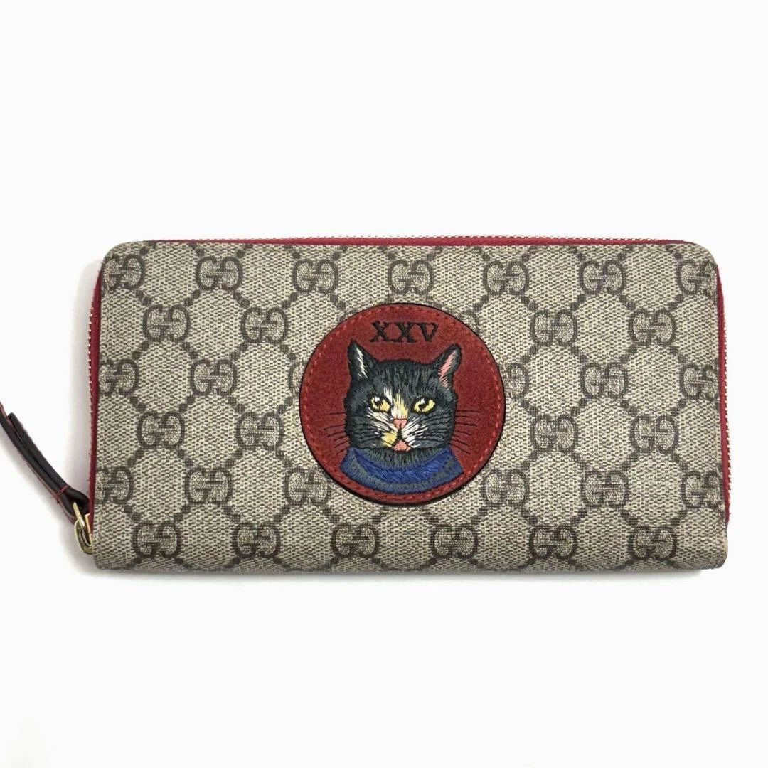 Portefeuille long Gucci GG Supreme Mystic Cat beige/rouge cuir accents dorés occasion