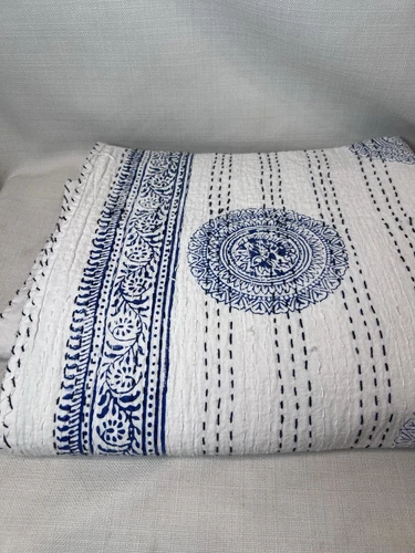 Indian Hand Block Print Cotton Kantha Quilt Blanket Bedspread Throw 61”x88”