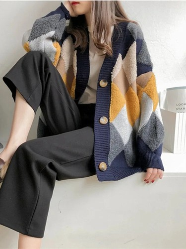 Cardigans Button Puff Sleeve Checkered Oversized Women's Sweaters Sweater Tops - Picture 3 of 26