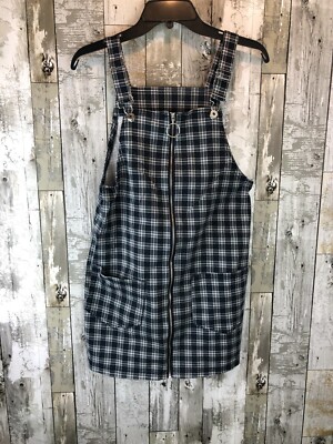 Divided jumper dress overall blue white plaid sz zipper front
