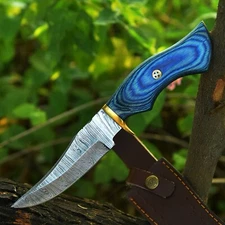 custom Damascus Steel hunting Blade Bowie  knife Wood Handle Brass Guard