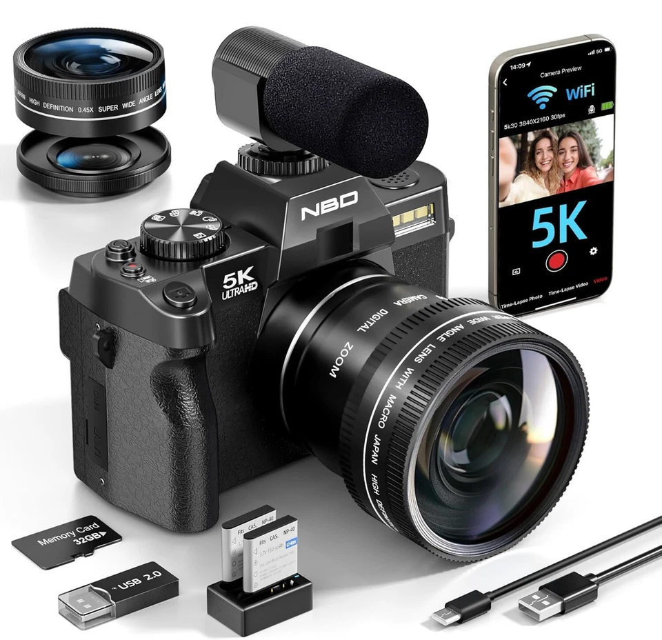5K Digital Cameras 48MP 16X 60FPS Wifi With Wide-Angle & Macro Lens Microphone