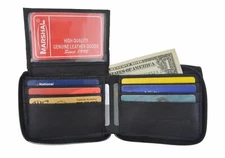 Slim Mens Bifold Zipper Around Leather Wallet Secure Multi Pocket Black Billfold