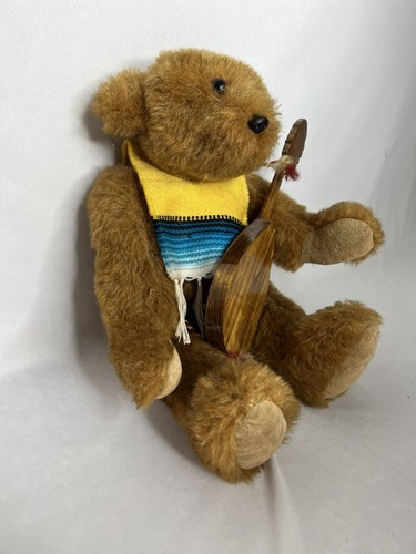 Vintage Handmade Brown Jointed Teddy Bear With Guitar Banjo And Poncho 14” Plush - Picture 7 of 11