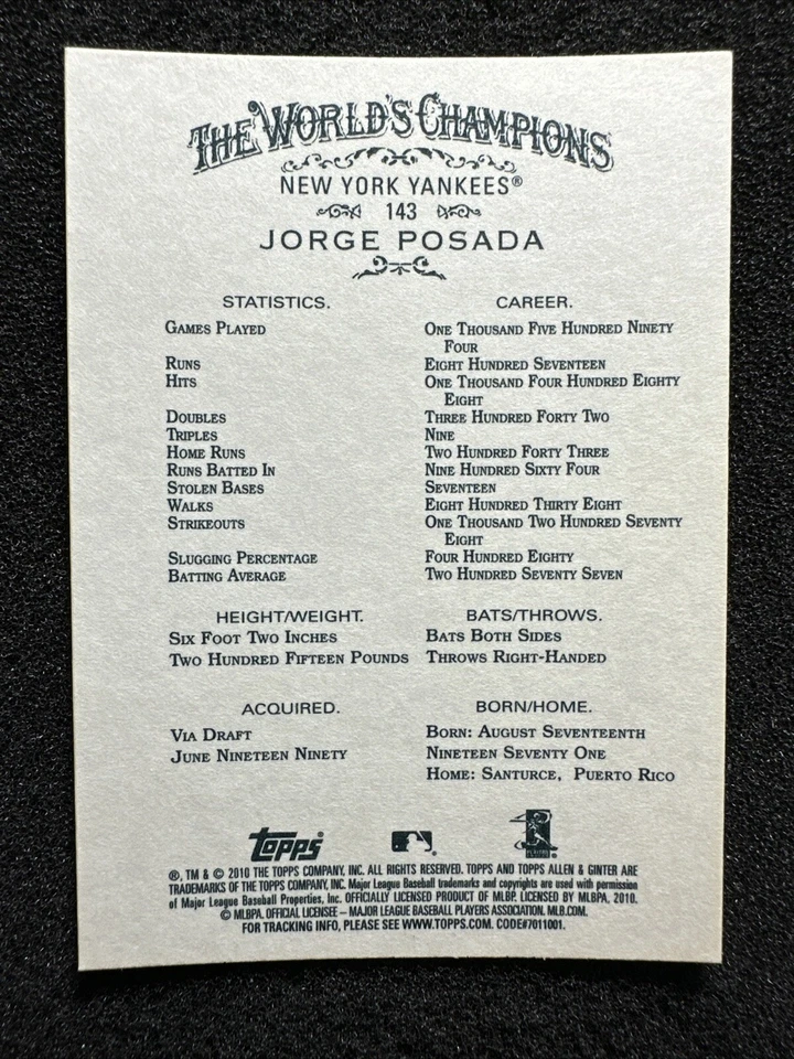 JORGE POSADA #143 2010 Topps Allen & Ginter's QTY New York Yankees - Image 2 of 2