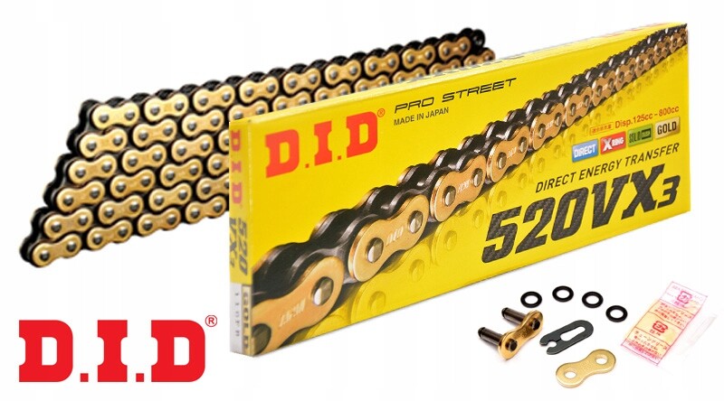 Chaîne moto 520VX3G&B DID 110 maillons anti-allongement avec joints X-Ring durables