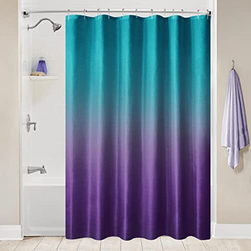 Ombre Shower Curtain Set for Bathroom Teal Purple Gradient Waffle Fabric - Picture 6 of 6