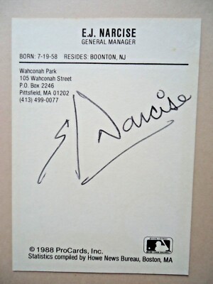 E.J. Narise - 1988 Procard Autographed Baseball card -Pittsfield General Manager