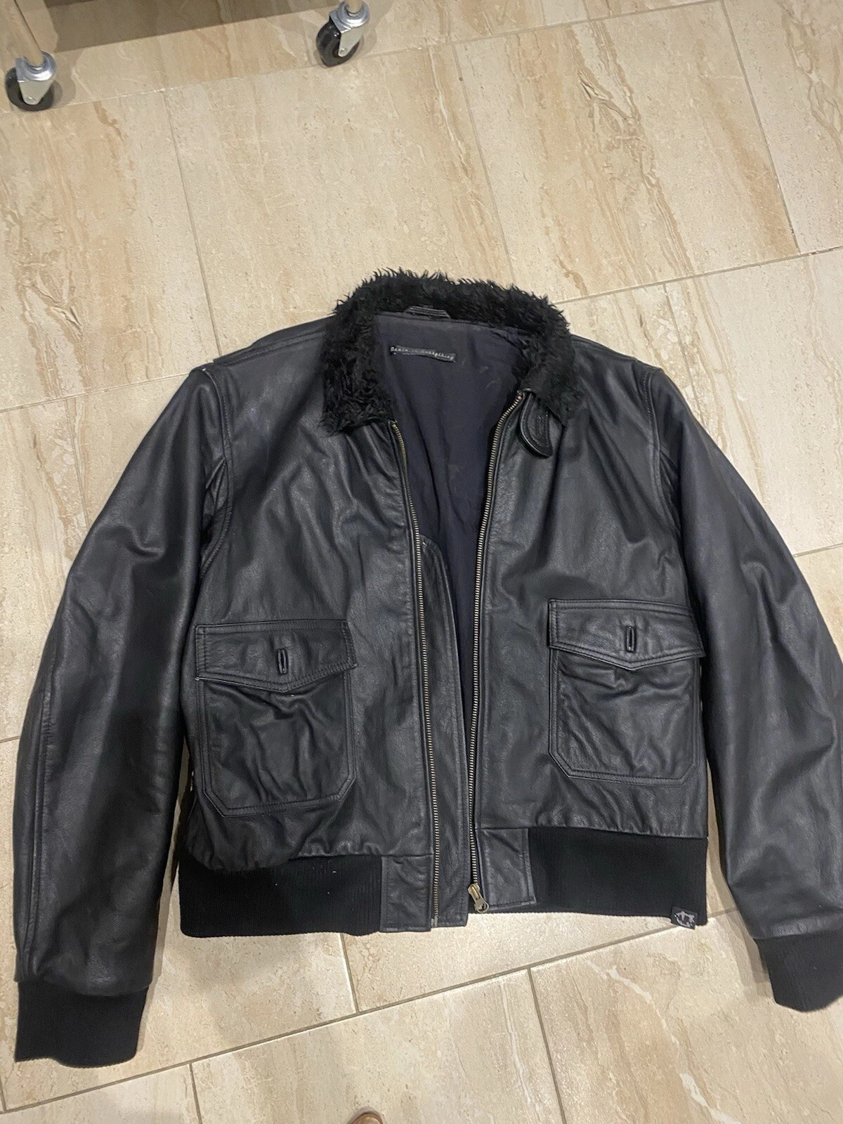 Denim Is Everything Black Leather Aviator Jacket Size S