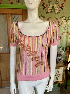 ESCADA PINK KNIT EMBELLISHED BEAD & SEQUIN TOP-SCOOP NECK-SHORT SLEEVE-Size XS