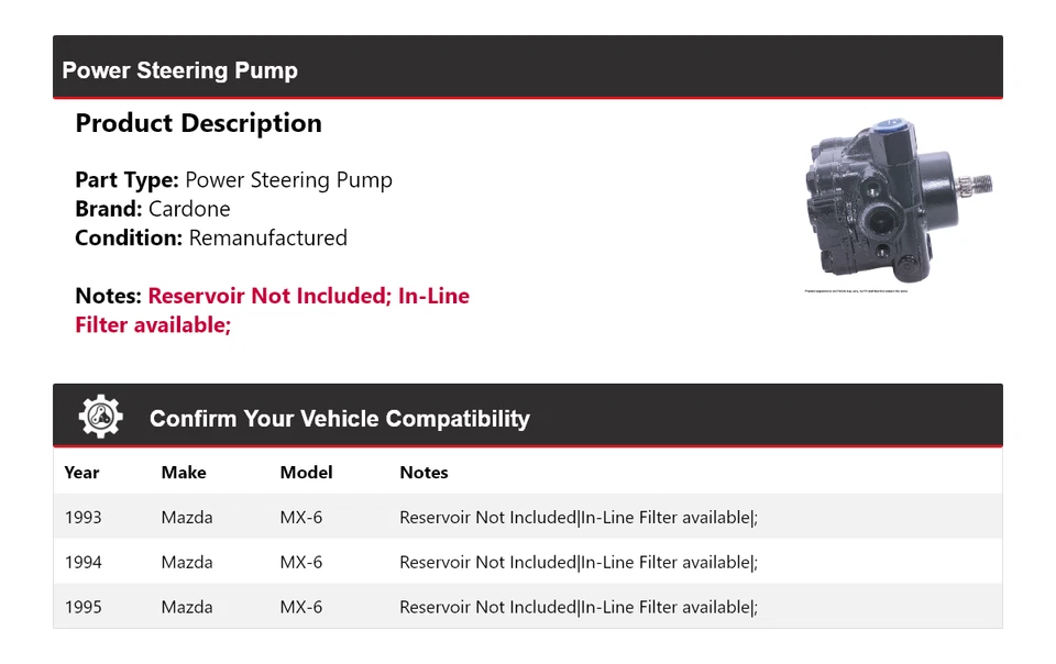 Bomba de dirección asistida Cardone 1994 para Mazda MX-6 1993-1995 Foto 2 de 4
