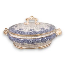 Royal Worcester W2297 68547 9" Round Covered Serving Dish Blue Floral Gold  1890