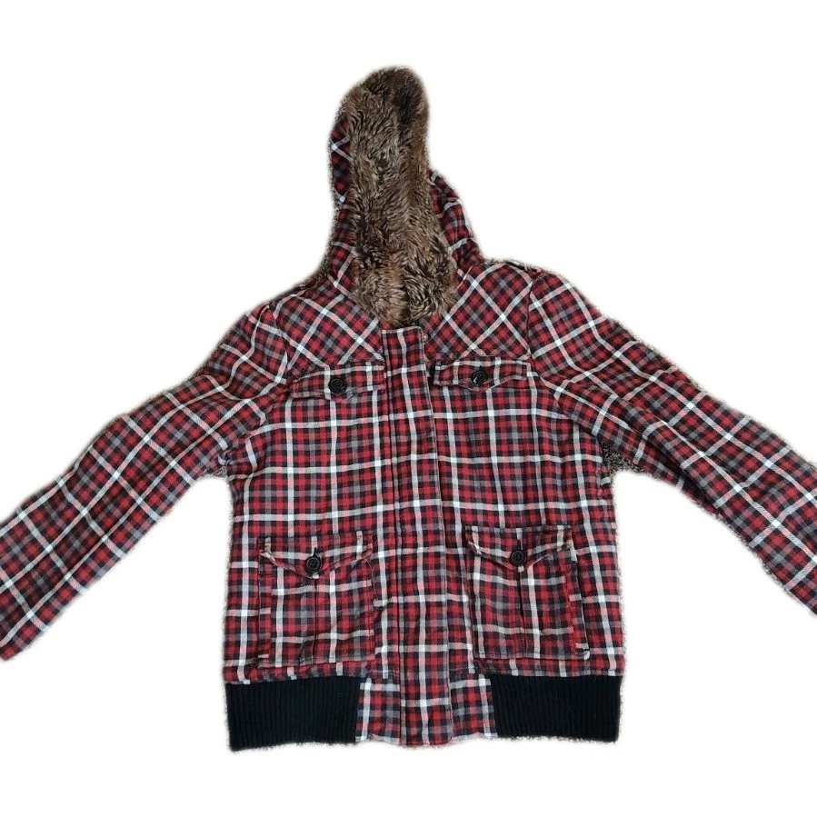 Y2K ROXY HOODED JACKET juniors size Large Red Plaid Faux Hood pre-owned  used - Image 2 of 4