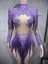 Gold Silver Sequins Tassel Elastic Bodysuit Sex Pole Costume Wear Performance
