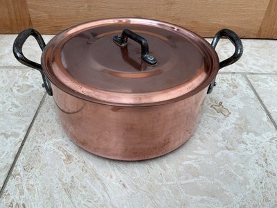 Vintage französischer Kupfertopf mit Deckel, Gusseisen Griffe Landhaus Küche Kochgeschirr