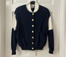 St. John Sport Marie Gray Nautical Old Money Crested Varsity Jacket Navy Sm FLAW