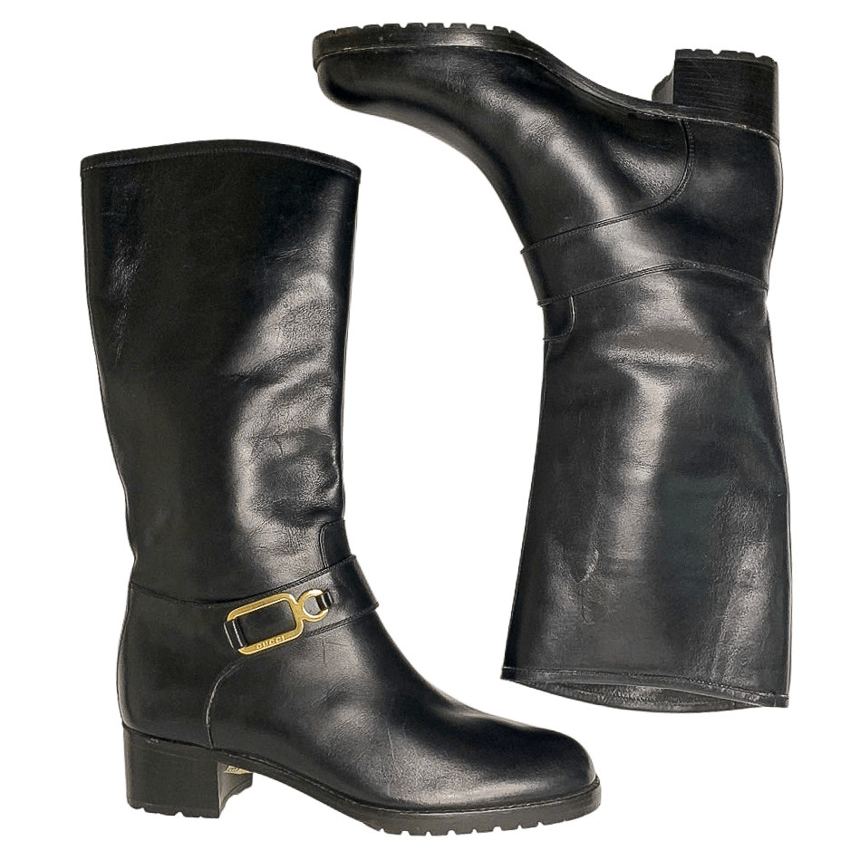 Gucci Tall Black Leather Pull On Riding Boots Size 7.5 Chunky Block Heel image 7