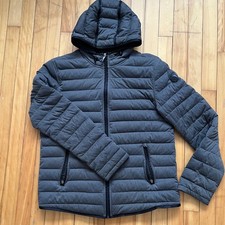 Moose Knuckles Mens XL Grey Hooded Puffer Jacket Quilted Full Zip Coat Slim fit