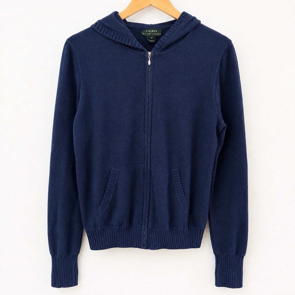 Lauren Ralph Lauren Hooded Zip Cardigan Sweater Navy Blue Cotton Women’s Med